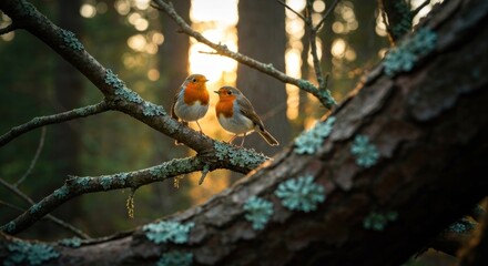 Two robins perched on a branch, bathed in golden sunlight filtering through a forest canopy