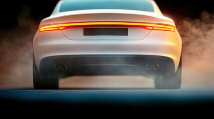 Modern luxury car in motion with dramatic lighting and smoky background