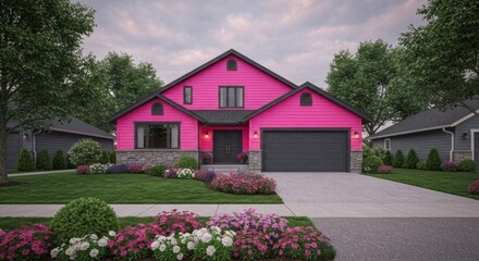 Vibrant pink house in a residential neighborhood.  Front facade with landscaping,  dark gray accents, and a driveway.  Soft pink sky