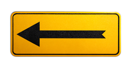 Yellow arrow sign pointing left isolated on transparent background.