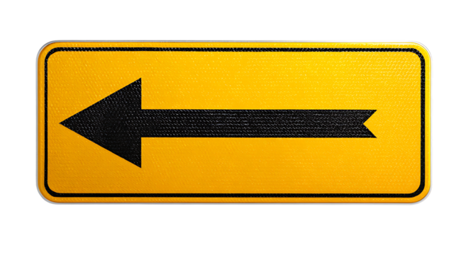 Yellow arrow sign pointing left isolated on transparent background.