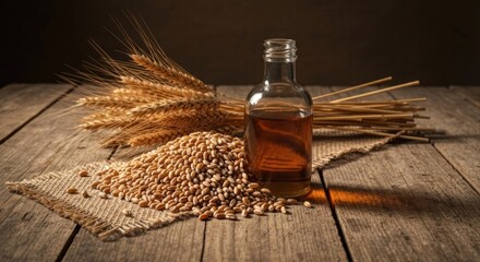 Fototapeta premium Wheat grains and oil, rustic setting