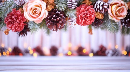 Beautiful holiday decorations with flowers and pinecones on wooden table