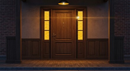 Wooden front door at dusk, porch.  Brick house