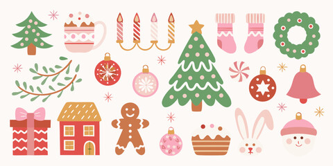 Charming collection of flat design christmas elements in soft pastel colors