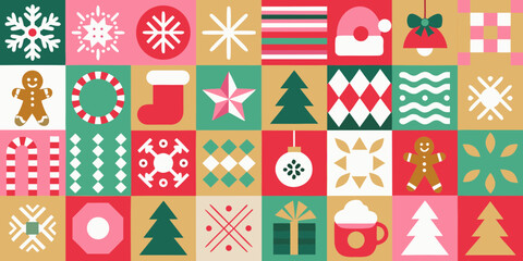 A festive geometric pattern featuring christmas icons in a retro color palette