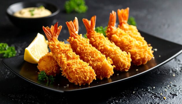 Crispy fried prawns on a dark plate