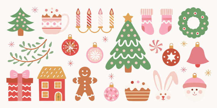 Charming collection of flat design christmas elements in soft pastel colors