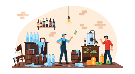 Two Men Amidst Spilled Water Broken Barrels and Scattered Cash.