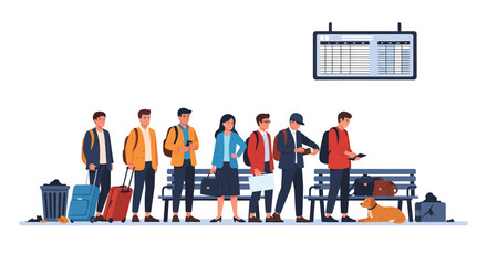 Diverse travelers with luggage wait near a bench and a departure board.