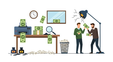 Counterfeit Money Scheme Depicted with Printer Men and Broken Lamp.