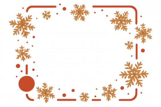 Golden snowflakes and orange festive rounded border creating a happy holiday frame on transparent background
