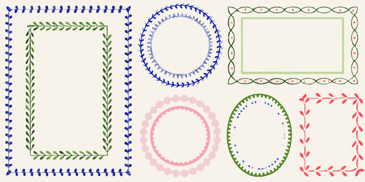 Collection of hand drawn watercolor floral frames and borders in various shapes and colors