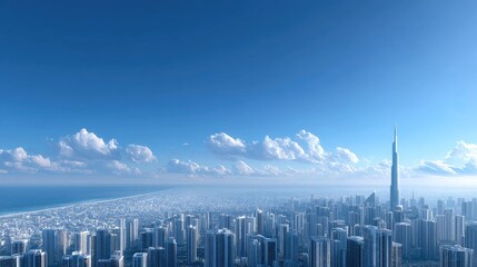 Fototapeta premium Extensive Futuristic Cityscape Under Clear Blue Sky With Clouds and Distant Ocean View With Tallest Building as Centerpiece