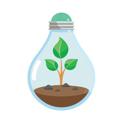 Light bulb with plant growing from soil on white background