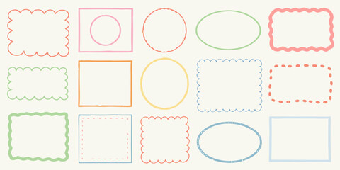 Collection of hand drawn colorful doodle frames and borders on a light background