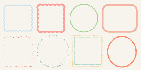 Collection of eight decorative hand drawn frames and borders in pastel colors on a cream background