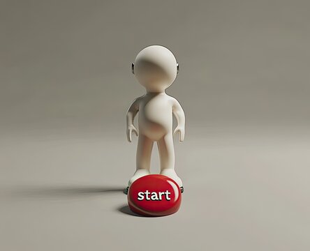Simple cartoon figure before a red start button