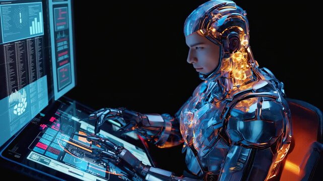 Male humanoid cyborg working with futuristic holographic computer interface, advanced artificial intelligence, cybernetic evolution, innovative technology and human machine collaboration in research.