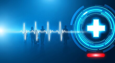Futuristic digital healthcare concept with heartbeat graph and medical cross on blue background