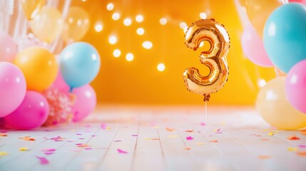 Celebration of a child's third birthday with colorful decorations and balloons