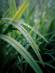 Obraz premium Long grass wet with dew, fresh green blades, morning nature, closeup, tranquil, natural outdoor scene