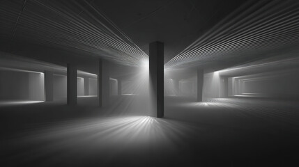 column. Abstract architectural space with dramatic light beams passing through towering columns, creating a striking monochrome scene. real-estate listings.