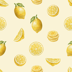 Simple watercolor style seamless pattern of lemons and some lemon slices. Pattern for tropical summer theme wallpaper, wrapping and fabric or textile, isolated on yellowish background. 