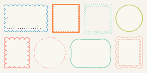 Collection of eight decorative colorful and playful borders and frames on a light background