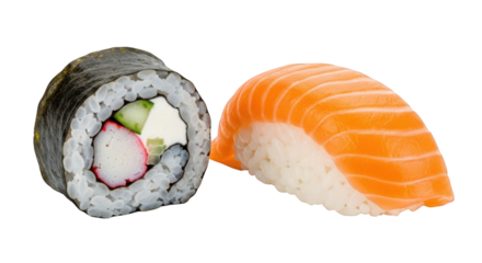 Sushi Duo Featuring a Maki Roll and a Salmon Nigiri, Perfect for Japanese Cuisine Enthusiasts and Restaurant Menu Illustrations on a Clear Background