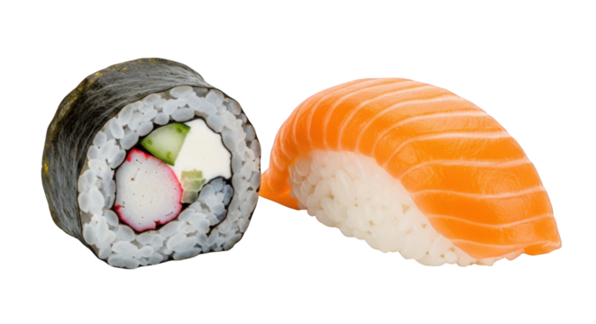 Sushi Duo Featuring a Maki Roll and a Salmon Nigiri, Perfect for Japanese Cuisine Enthusiasts and Restaurant Menu Illustrations on a Clear Background