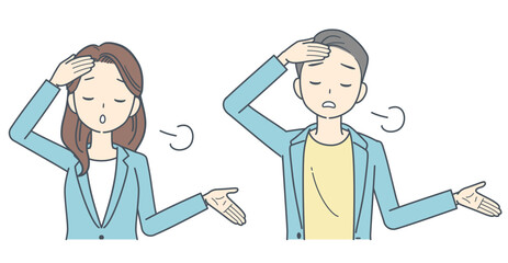 呆れた表情でため息をつくジャケットを着た男性と女性のイラスト