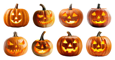 PNG Glowing carved Halloween pumpkins, element set on transparent background