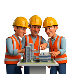 3D Illustration of Construction Engineers with Building Mode and blueprint