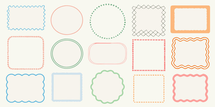 Collection of hand drawn decorative frames and borders in pastel colors for design projects
