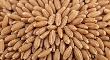 Close-up of numerous light brown cereal grains many arranged in a radial pattern featuring distinct central grooves