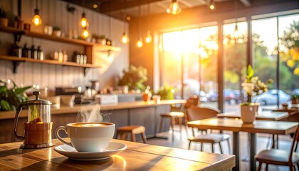 Fototapeta premium A cozy cafe scene, a coffee cup in focus on a wooden table, sunlight streaming through windows, soft focus