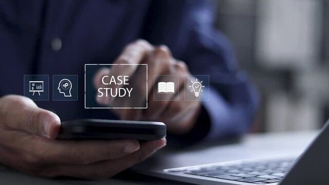 Case study education concept. Businessman with virtual case study icon for analysis of the situation to find a solution.