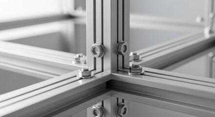 Naklejka premium Close up intersection of aluminum extrusion profiles connected by bolts in modern modular structure industrial metallic frame construction with precise engineering assembly