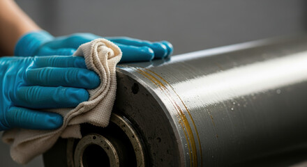 Worker in blue gloves carefully cleaning industrial machine roller with white cloth for maintenance in manufacturing facility