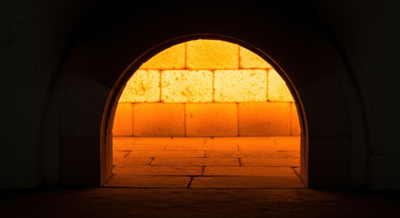 Warm inviting glow from arched open oven doorway reveals heated brick interior with soft orange light, highlighting textured stones and cozy traditional masonry craftsmanship