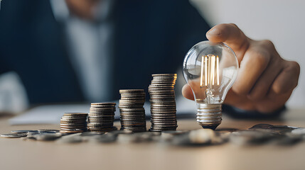 Business professional contemplating financial strategy with lightbulb concept.