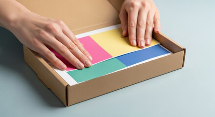 Careful hands organize colorful paper sheets inside an open cardboard box, focusing on neat arrangement and creative workspace organization, home office supply concept