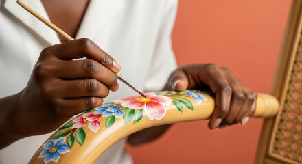 Artistic hands carefully painting delicate floral pattern on wooden chair backrest, demonstrating creativity, attention to detail, and traditional craftsmanship
