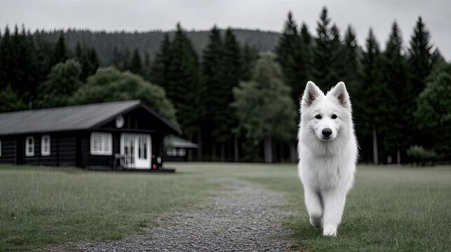 Fluffy White Dog Walking on Green Grass Near Dark Cabin and Tall Evergreen Trees in Overcast Weather - Powered by Adobe