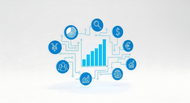 Financial technology concept illustrating business growth with a central bar chart surrounded by various data and currency icons. - Powered by Adobe