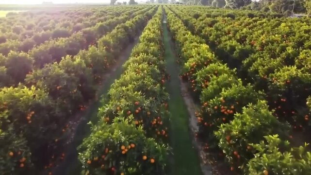 Aerial view of a vast orange grove with rows of citrus trees laden with ripe fruit under a bright sky, stretching into the distance.