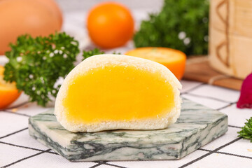 Golden Custard Filled Bun with Milk and Fresh Oranges Breakfast Setup