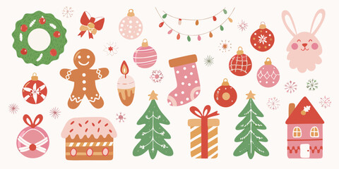 Cute hand drawn christmas elements collection featuring ornaments trees gingerbread man and decorations