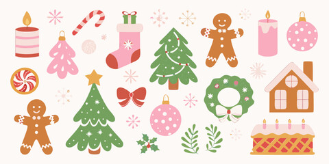 Collection of cute christmas decorations and symbols in pastel colors